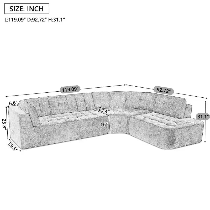 Whisen 119'' Modern L-Style Sectional Sofa, Minimalist Curved Right-Hand Facing Couch with Arms, Tufted Design, No Assembly Required