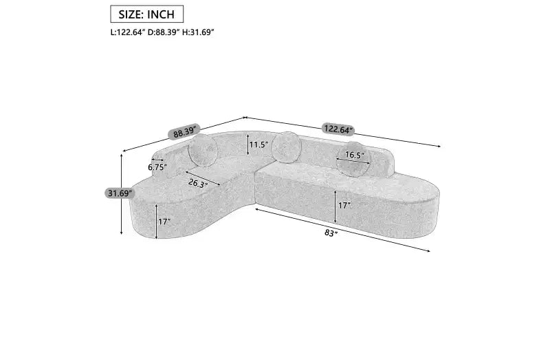 Whisen 122'' Extra Large Sectional Sofa, Elegant Fabric Upholstery Sofa Couch with Three Round Cushions , High-Resilience Foam