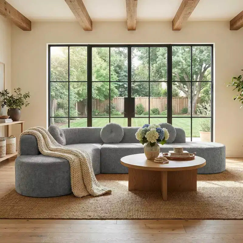 Whisen 122'' Extra Large Sectional Sofa, Elegant Fabric Upholstery Sofa Couch with Three Round Cushions , High-Resilience Foam