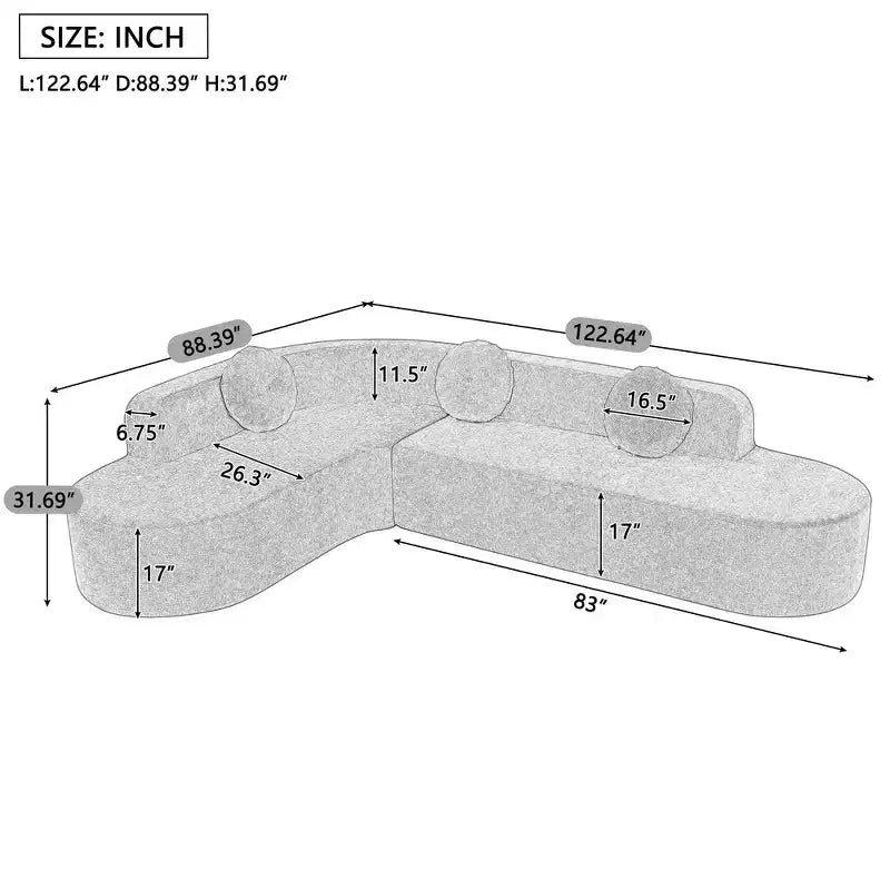 Whisen 122'' Extra Large Sectional Sofa, Elegant Fabric Upholstery Sofa Couch with Three Round Cushions , High-Resilience Foam