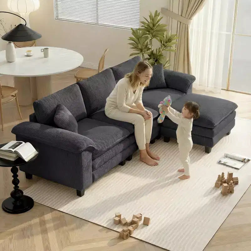 HOMCOM Sectional Sofa, L Shaped Couch with Deep Seat, Movable Ottoman and Pillow-top Armrests