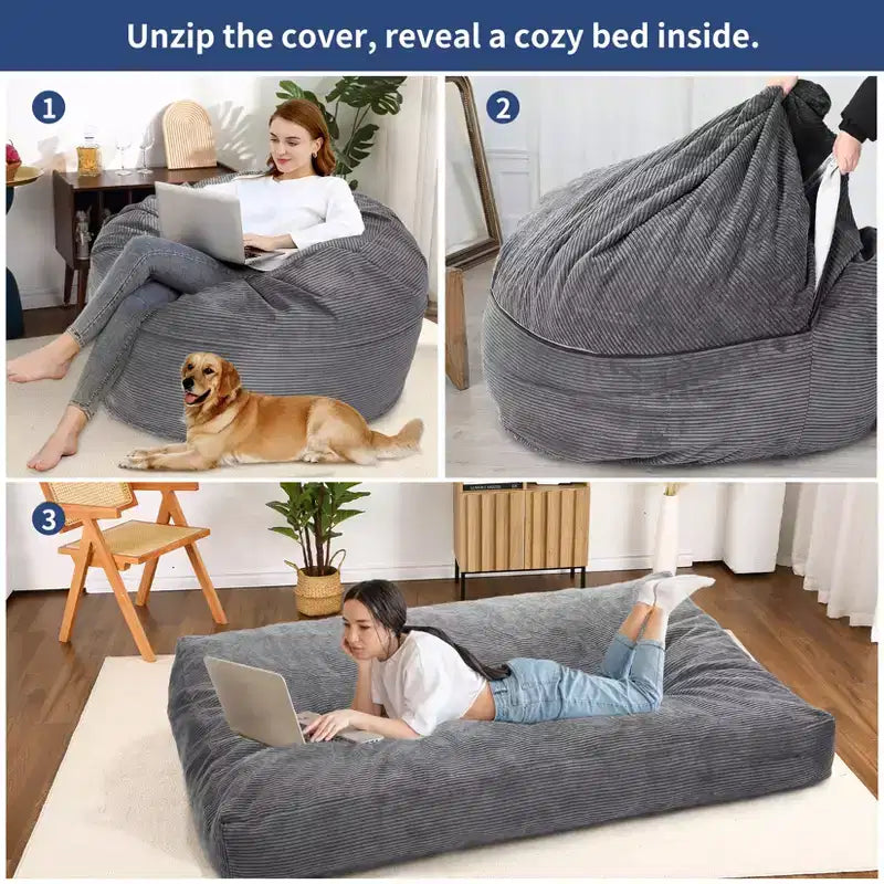 COZONY Convertible Bean Bag Chair Bed, 2-in-1 Corduroy Floor Sofa & Guest Mattress with Removable Cover