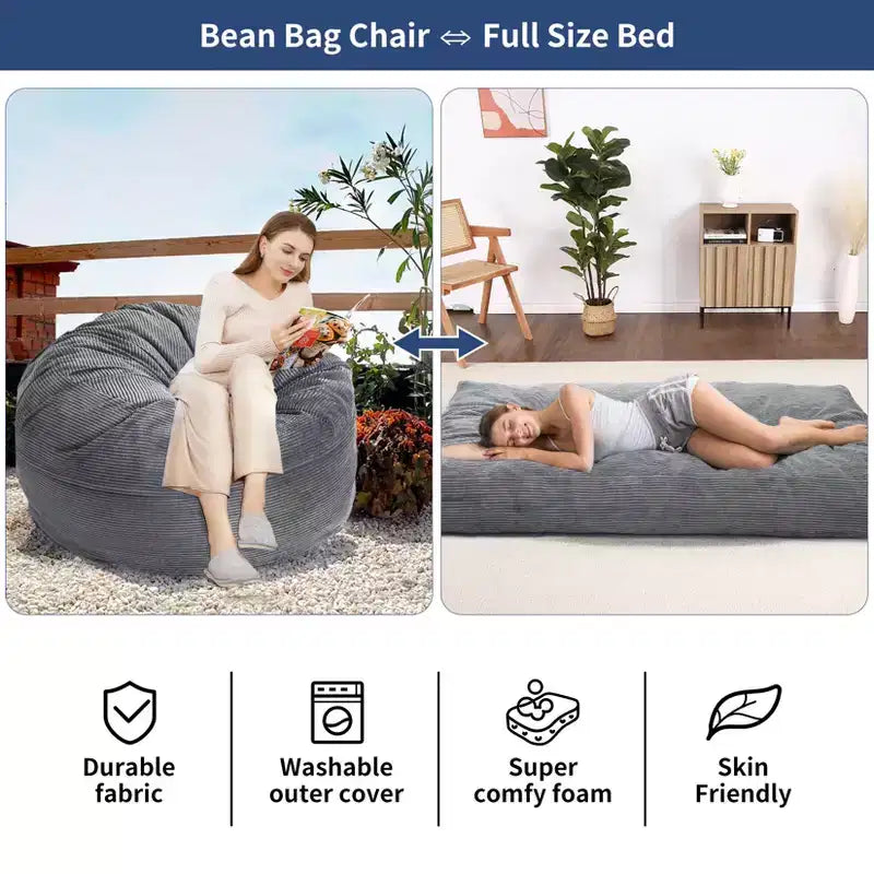 COZONY Convertible Bean Bag Chair Bed, 2-in-1 Corduroy Floor Sofa & Guest Mattress with Removable Cover