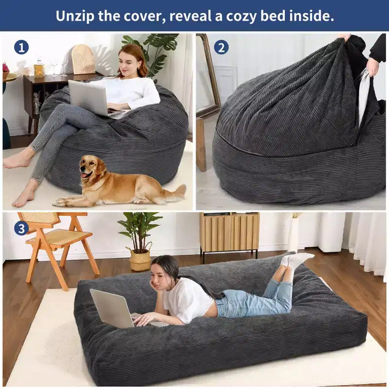 COZONY Convertible Bean Bag Chair Bed, 2-in-1 Corduroy Floor Sofa & Guest Mattress with Removable Cover