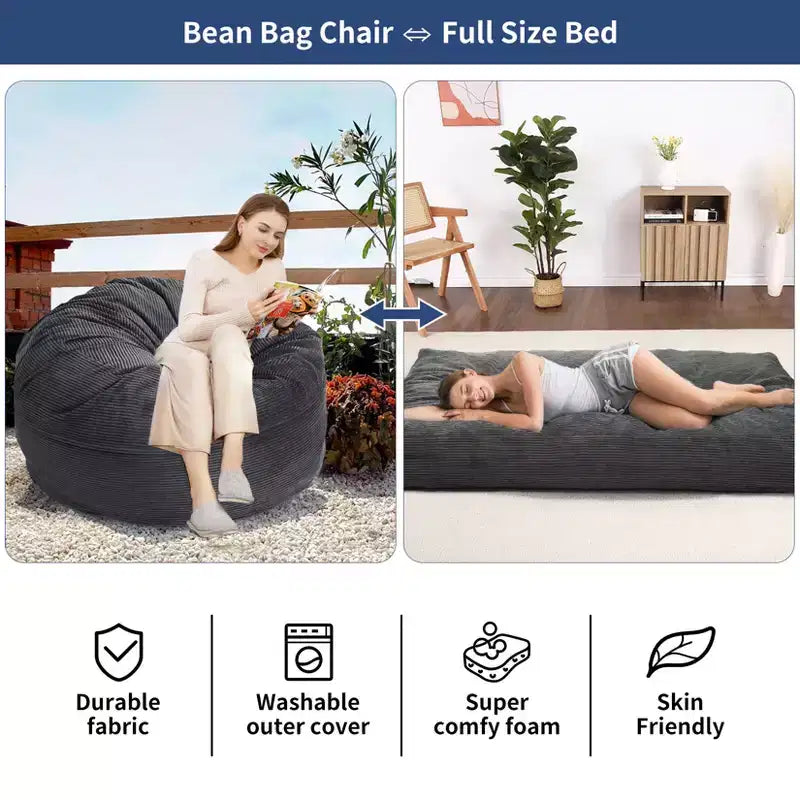 COZONY Convertible Bean Bag Chair Bed, 2-in-1 Corduroy Floor Sofa & Guest Mattress with Removable Cover