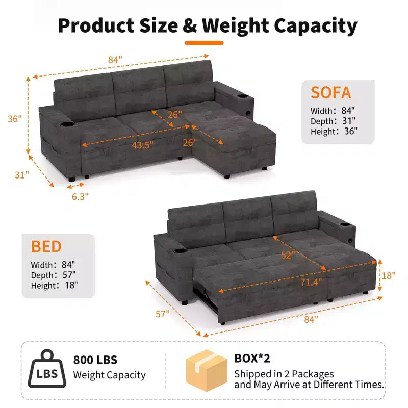 Convertible L-Shaped Sleeper Sofa Bed with Pull-Out Couch, Reversible Storage Chaise, Dual Hidden Storage Armrests, Cup Holders, Soft Corduroy Modern