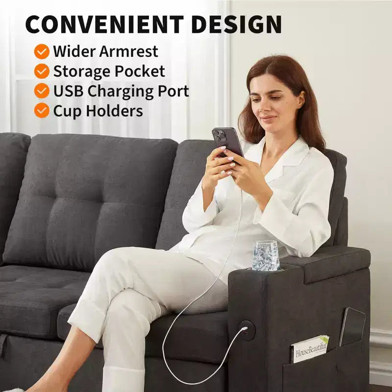 Convertible L-Shaped Sleeper Sofa Bed with Pull-Out Couch, Reversible Storage Chaise, Dual Hidden Storage Armrests, Cup Holders, Soft Corduroy Modern