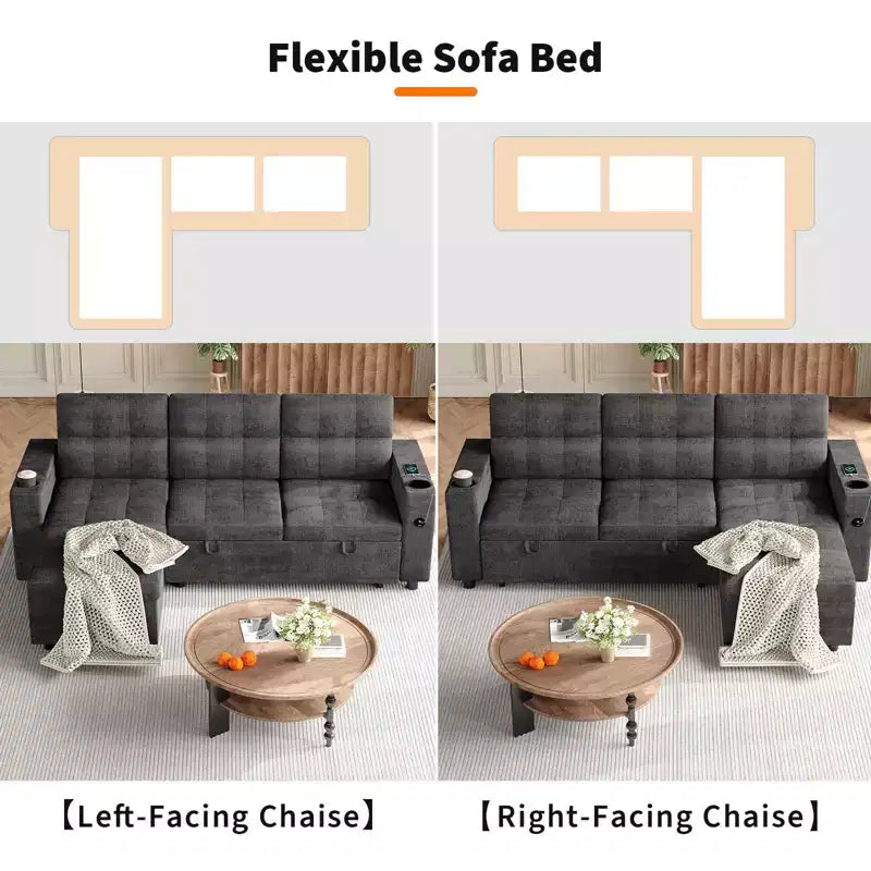 Convertible L-Shaped Sleeper Sofa Bed with Pull-Out Couch, Reversible Storage Chaise, Dual Hidden Storage Armrests, Cup Holders, Soft Corduroy Modern