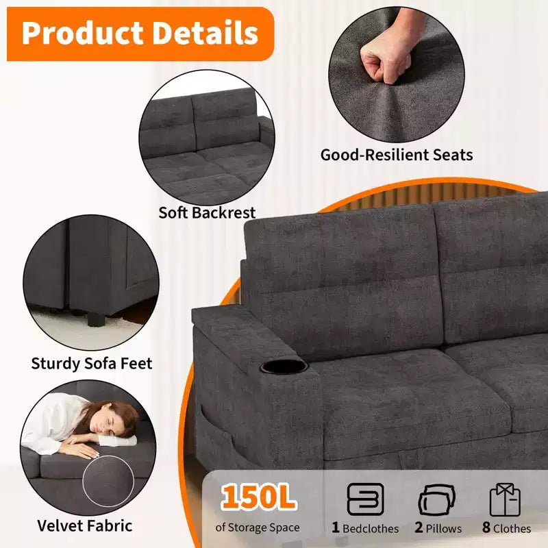 Convertible L-Shaped Sleeper Sofa Bed with Pull-Out Couch, Reversible Storage Chaise, Dual Hidden Storage Armrests, Cup Holders, Soft Corduroy Modern