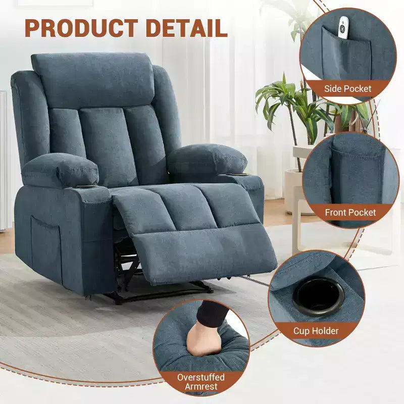 COZONY Oversized Manual Recliner Chair with Vibration Massage, Heat & Side Pockets for Living Room