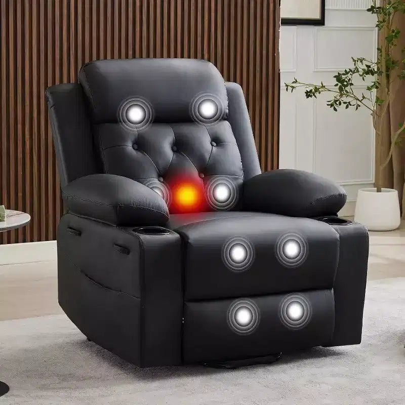 Oversized Power Lift Recliner Chair for Living Room C Black PU Leather Seat, Vibration Massage Heating, Lumbar Heat, Dual Cup Holders, Side Pockets