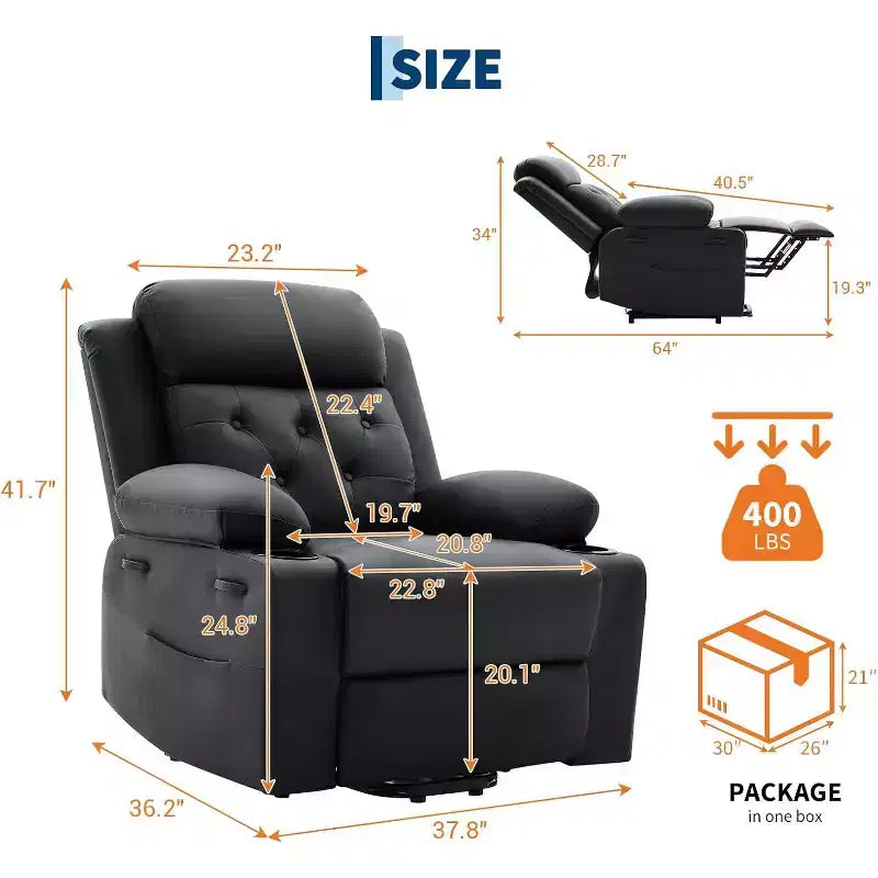 Oversized Power Lift Recliner Chair for Living Room C Black PU Leather Seat, Vibration Massage Heating, Lumbar Heat, Dual Cup Holders, Side Pockets