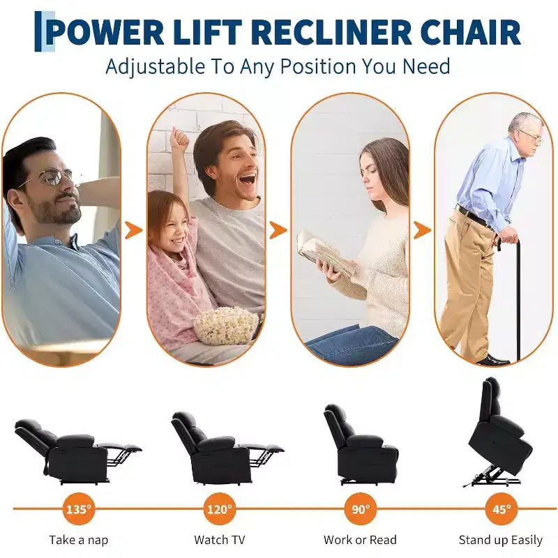 Oversized Power Lift Recliner Chair for Living Room C Black PU Leather Seat, Vibration Massage Heating, Lumbar Heat, Dual Cup Holders, Side Pockets