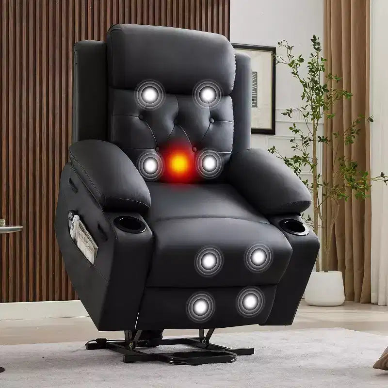 Oversized Power Lift Recliner Chair for Living Room C Black PU Leather Seat, Vibration Massage Heating, Lumbar Heat, Dual Cup Holders, Side Pockets