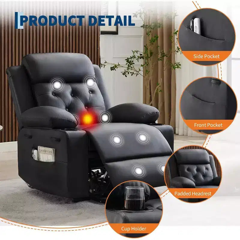 Oversized Power Lift Recliner Chair for Living Room C Black PU Leather Seat, Vibration Massage Heating, Lumbar Heat, Dual Cup Holders, Side Pockets