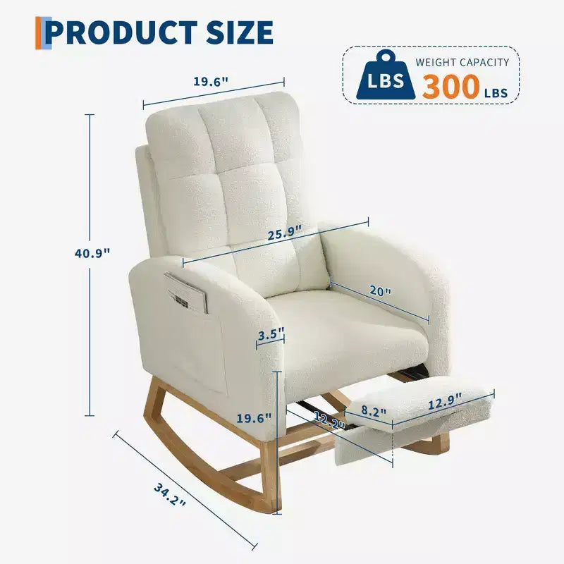 Modern Nursery Rocking Chair, Comfortable Rocker Recliner with Side Pocket, Footrest, Mid Century Upholstered Rocker Glider for Living Room, Bedroom