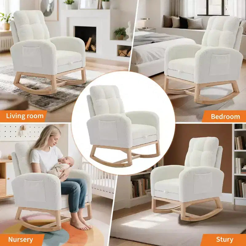 Modern Nursery Rocking Chair, Comfortable Rocker Recliner with Side Pocket, Footrest, Mid Century Upholstered Rocker Glider for Living Room, Bedroom