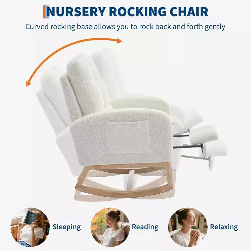 Modern Nursery Rocking Chair, Comfortable Rocker Recliner with Side Pocket, Footrest, Mid Century Upholstered Rocker Glider for Living Room, Bedroom