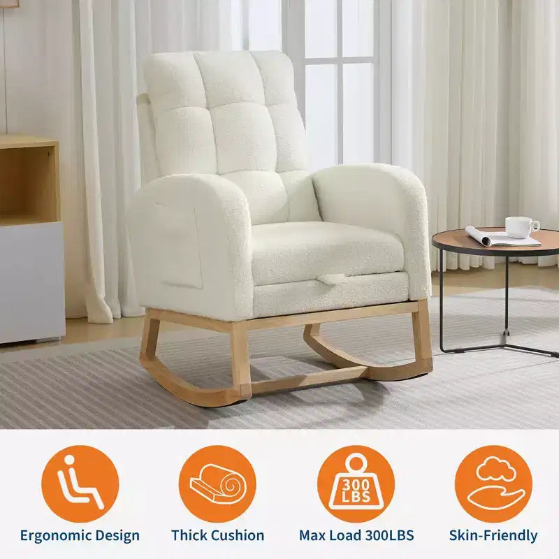 Modern Nursery Rocking Chair, Comfortable Rocker Recliner with Side Pocket, Footrest, Mid Century Upholstered Rocker Glider for Living Room, Bedroom