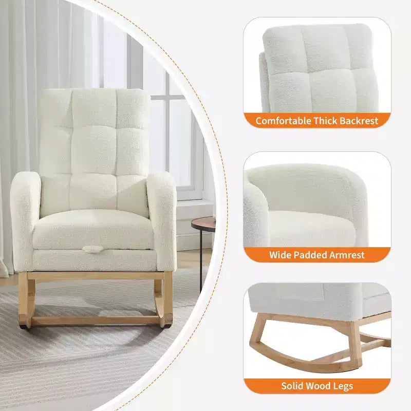 Modern Nursery Rocking Chair, Comfortable Rocker Recliner with Side Pocket, Footrest, Mid Century Upholstered Rocker Glider for Living Room, Bedroom