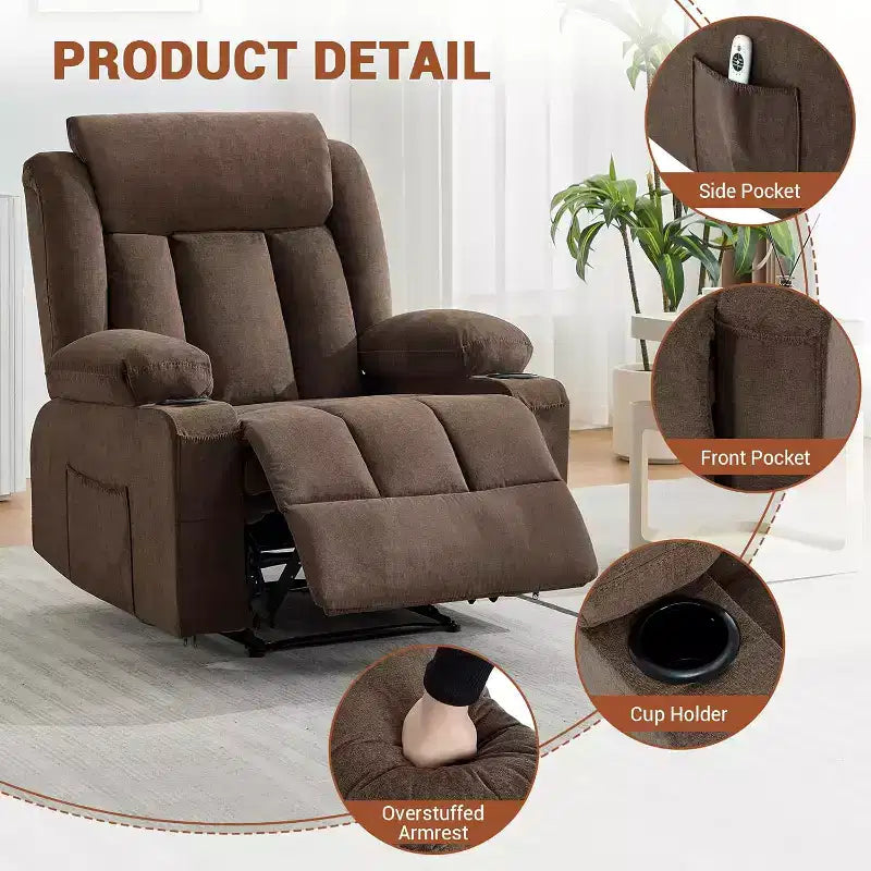 Oversized Massage Recliner Chair with Heat & Vibration, Wide Rocking Recliner with Side Pockets for Living Room, Bedroom, Home Theater