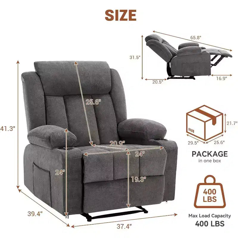 Oversized Massage Recliner Chair with Heat & Vibration, Wide Rocking Recliner with Side Pockets for Living Room, Bedroom, Home Theater