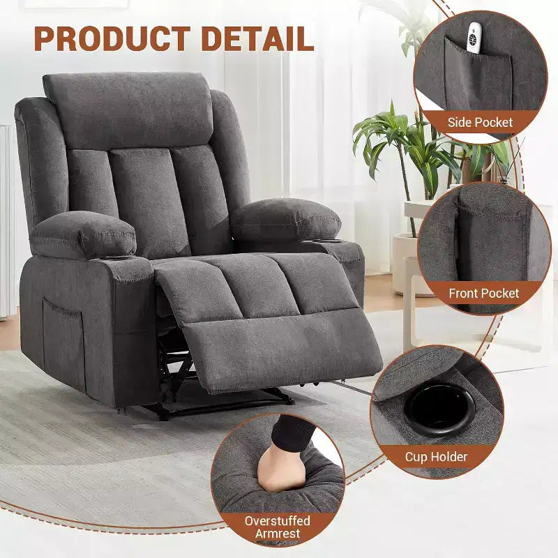 Oversized Massage Recliner Chair with Heat & Vibration, Wide Rocking Recliner with Side Pockets for Living Room, Bedroom, Home Theater