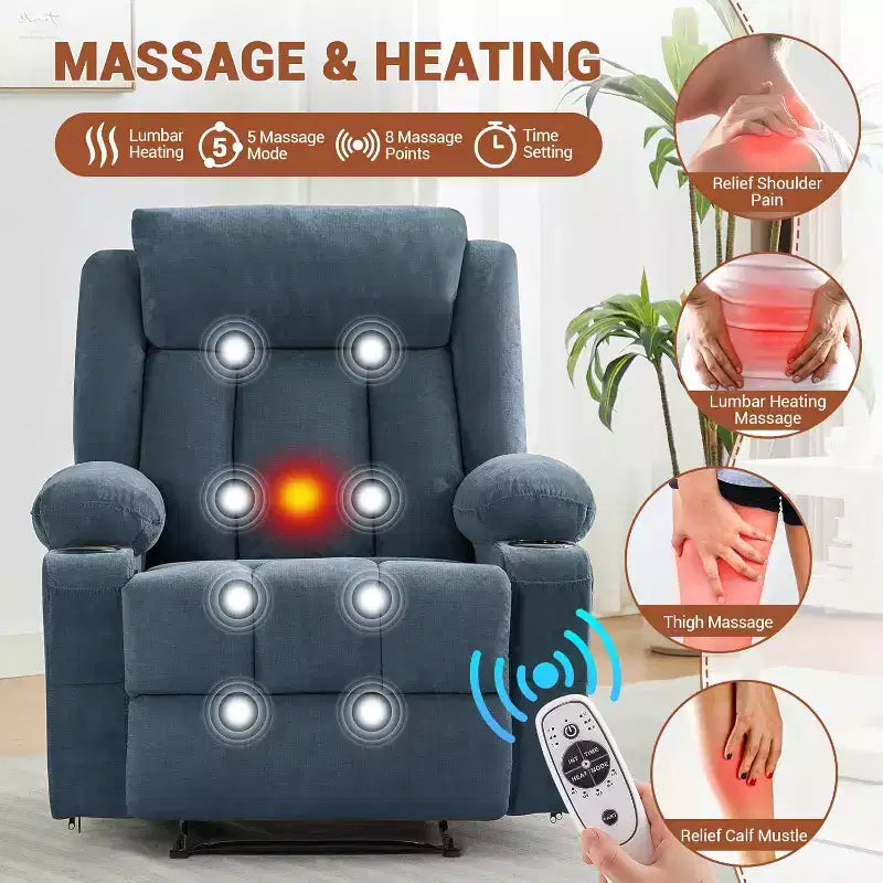 Oversized Massage Recliner Chair with Heat & Vibration, Wide Rocking Recliner with Side Pockets for Living Room, Bedroom, Home Theater