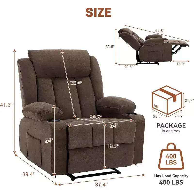 Oversized Massage Recliner Chair with Heat & Vibration, Wide Rocking Recliner with Side Pockets for Living Room, Bedroom, Home Theater
