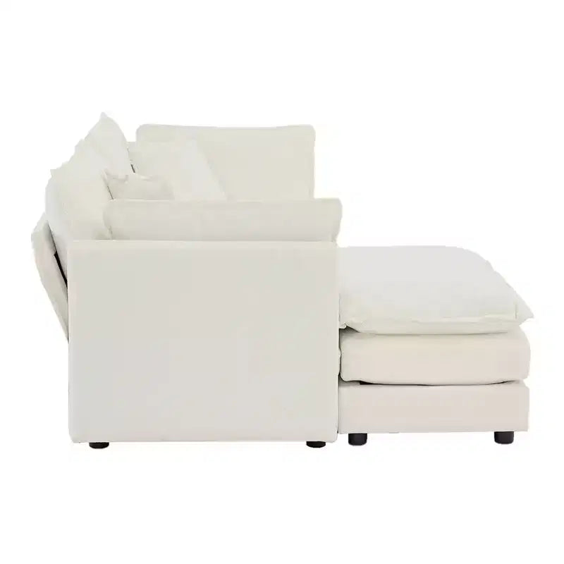 MAYEERTY Chenille Two Seater Sofa with Footrest Ottoman L Shaped Sectional for Small Living Room White