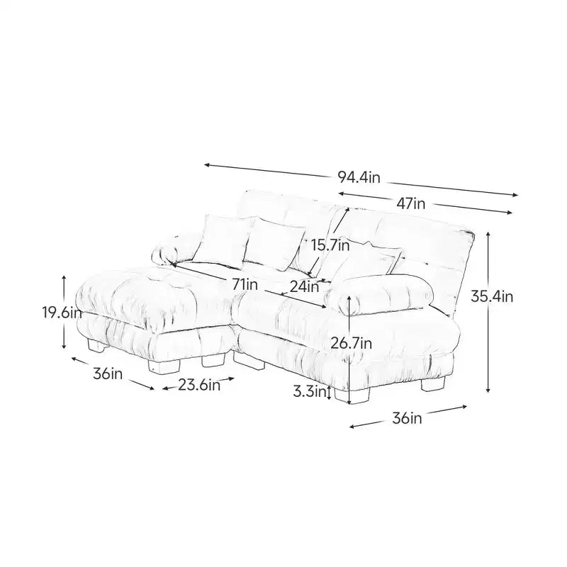 MAYEERTY Cloud Sectional Sofa with 2 Seater 2 Lumbar Pillows 2 Throw Pillows Upholstered Wide Arm Convertible Ottoman for Living Room White