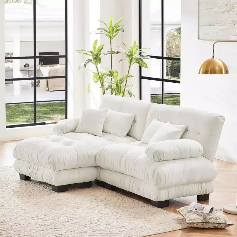 MAYEERTY Cloud Sectional Sofa with 2 Seater 2 Lumbar Pillows 2 Throw Pillows Upholstered Wide Arm Convertible Ottoman for Living Room White