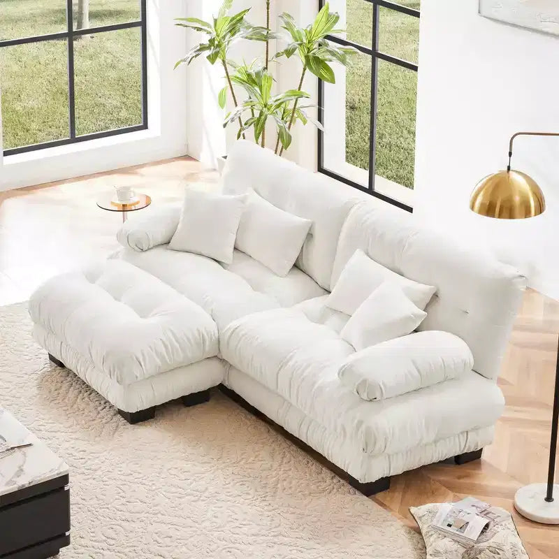 MAYEERTY Cloud Sectional Sofa with 2 Seater 2 Lumbar Pillows 2 Throw Pillows Upholstered Wide Arm Convertible Ottoman for Living Room White