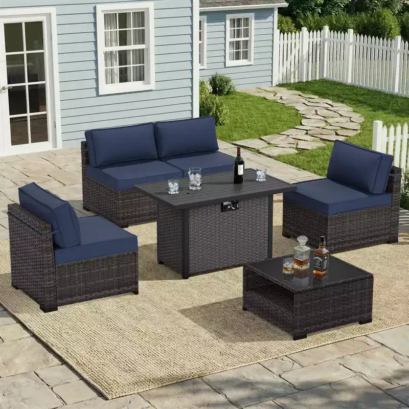 Conjunto de patio de 6 piezas UPTIOT: 4 sillas laterales, mesa fogata gris y mesa de centro de vidrio templado para elegantes reuniones al aire libre