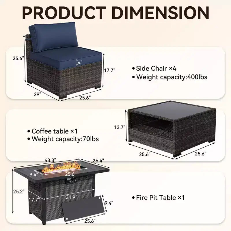 Conjunto de patio de 6 piezas UPTIOT: 4 sillas laterales, mesa fogata gris y mesa de centro de vidrio templado para elegantes reuniones al aire libre