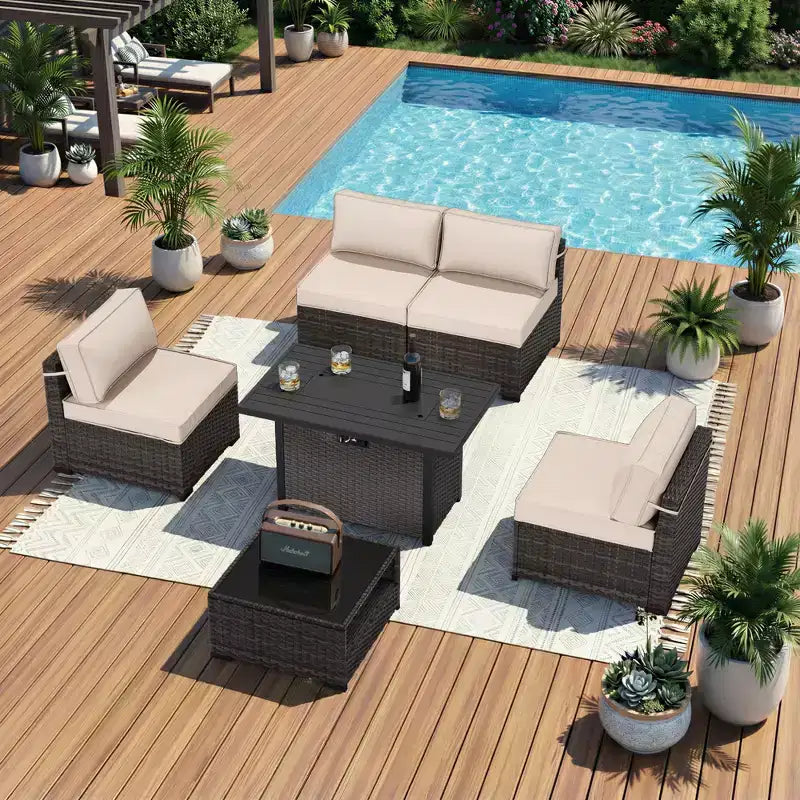 Conjunto de patio de 6 piezas UPTIOT: 4 sillas laterales, mesa fogata gris y mesa de centro de vidrio templado para elegantes reuniones al aire libre