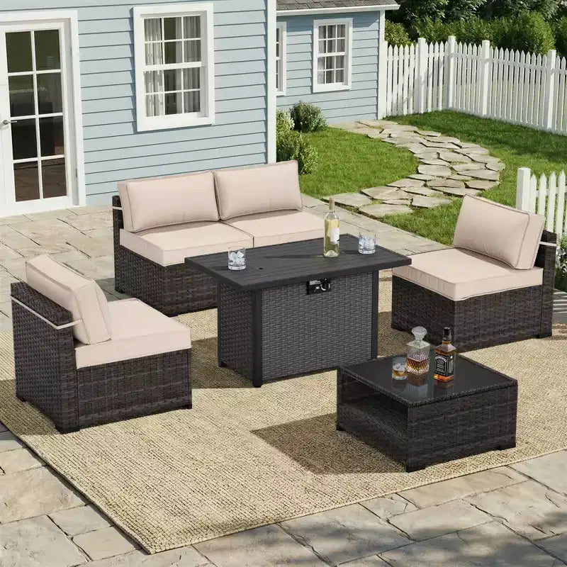 Conjunto de patio de 6 piezas UPTIOT: 4 sillas laterales, mesa fogata gris y mesa de centro de vidrio templado para elegantes reuniones al aire libre