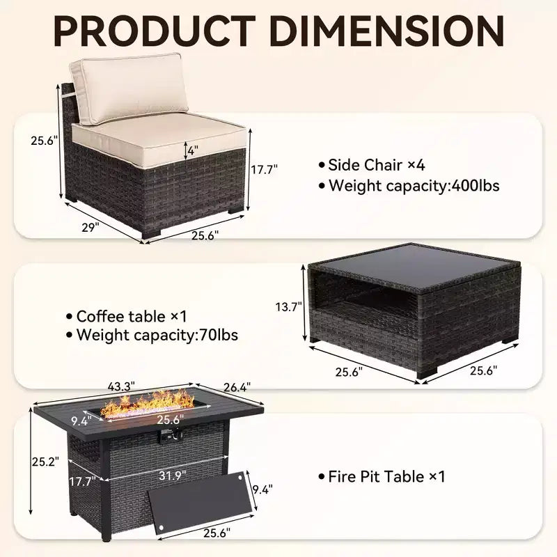 Conjunto de patio de 6 piezas UPTIOT: 4 sillas laterales, mesa fogata gris y mesa de centro de vidrio templado para elegantes reuniones al aire libre