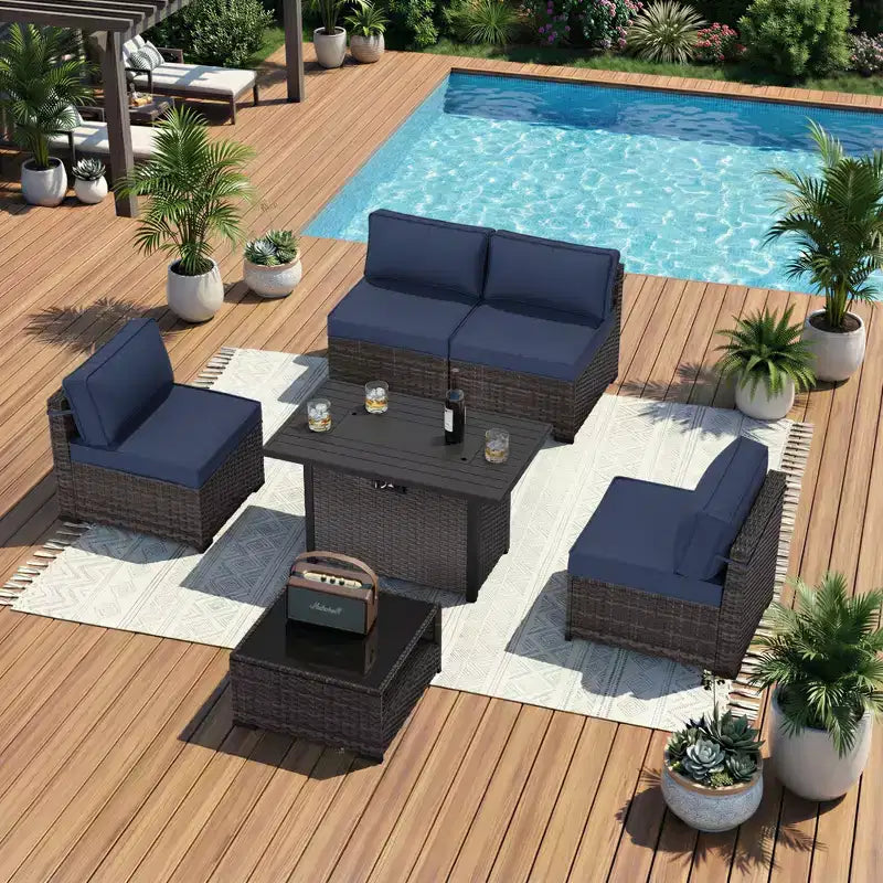 Conjunto de patio de 6 piezas UPTIOT: 4 sillas laterales, mesa fogata gris y mesa de centro de vidrio templado para elegantes reuniones al aire libre