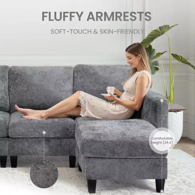 Ora Maison 118 U-Shaped Sectional Sofa, 4-Seat Modular Couch with 2 Ottomans & Foldable Side Table
