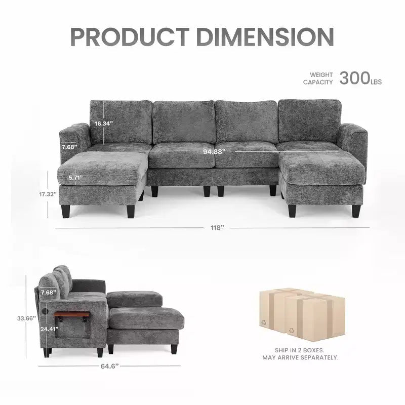 Ora Maison 118 U-Shaped Sectional Sofa, 4-Seat Modular Couch with 2 Ottomans & Foldable Side Table