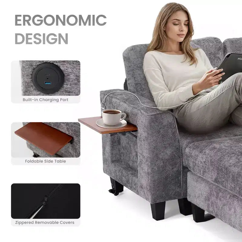 Ora Maison 118 U-Shaped Sectional Sofa, 4-Seat Modular Couch with 2 Ottomans & Foldable Side Table