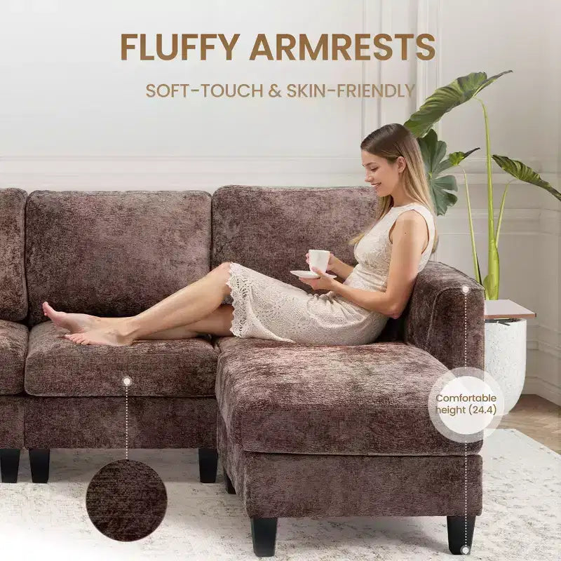 Ora Maison 118 U-Shaped Sectional Sofa, 4-Seat Modular Couch with 2 Ottomans & Foldable Side Table