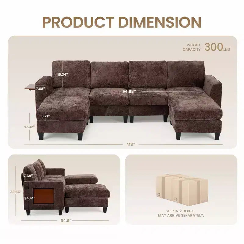 Ora Maison 118 U-Shaped Sectional Sofa, 4-Seat Modular Couch with 2 Ottomans & Foldable Side Table