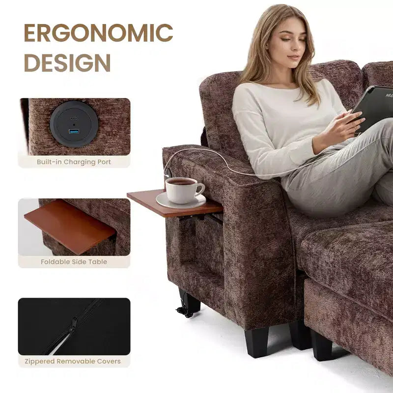 Ora Maison 118 U-Shaped Sectional Sofa, 4-Seat Modular Couch with 2 Ottomans & Foldable Side Table