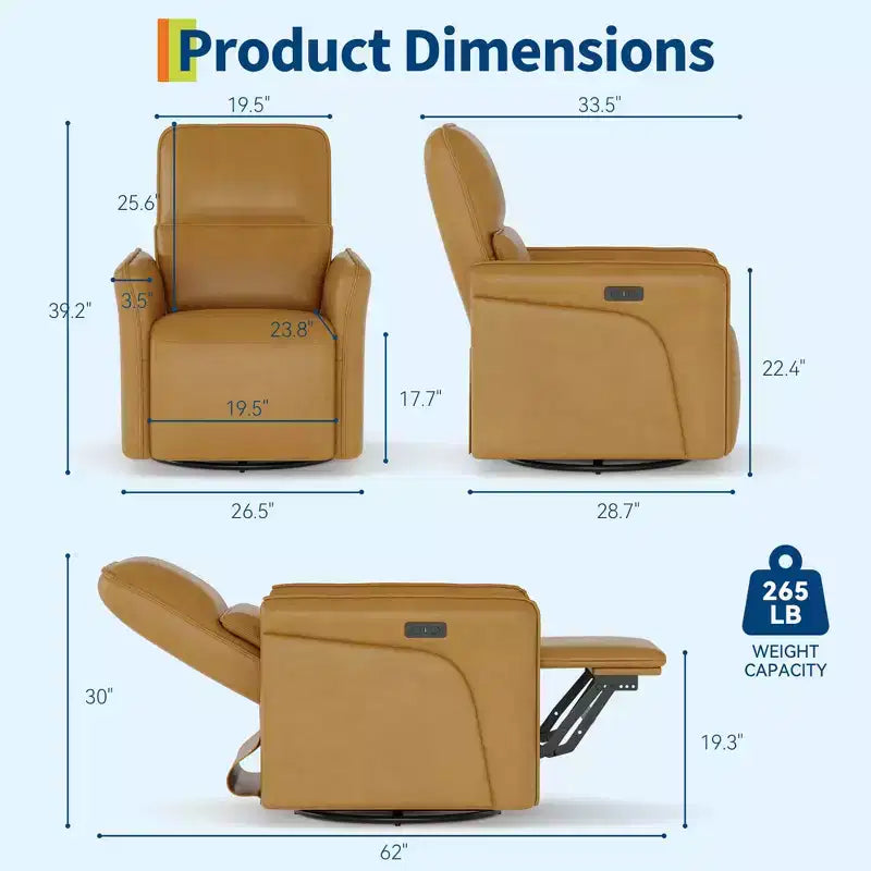 360 Swivel Recliner Chair with USB Charging Station, Leather Chair, Electric Rocker Chair with Upholstered Deep Seat, Adjustable Lumbar Support