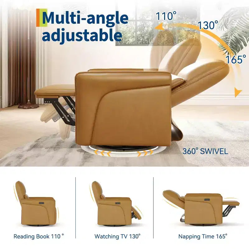 360 Swivel Recliner Chair with USB Charging Station, Leather Chair, Electric Rocker Chair with Upholstered Deep Seat, Adjustable Lumbar Support