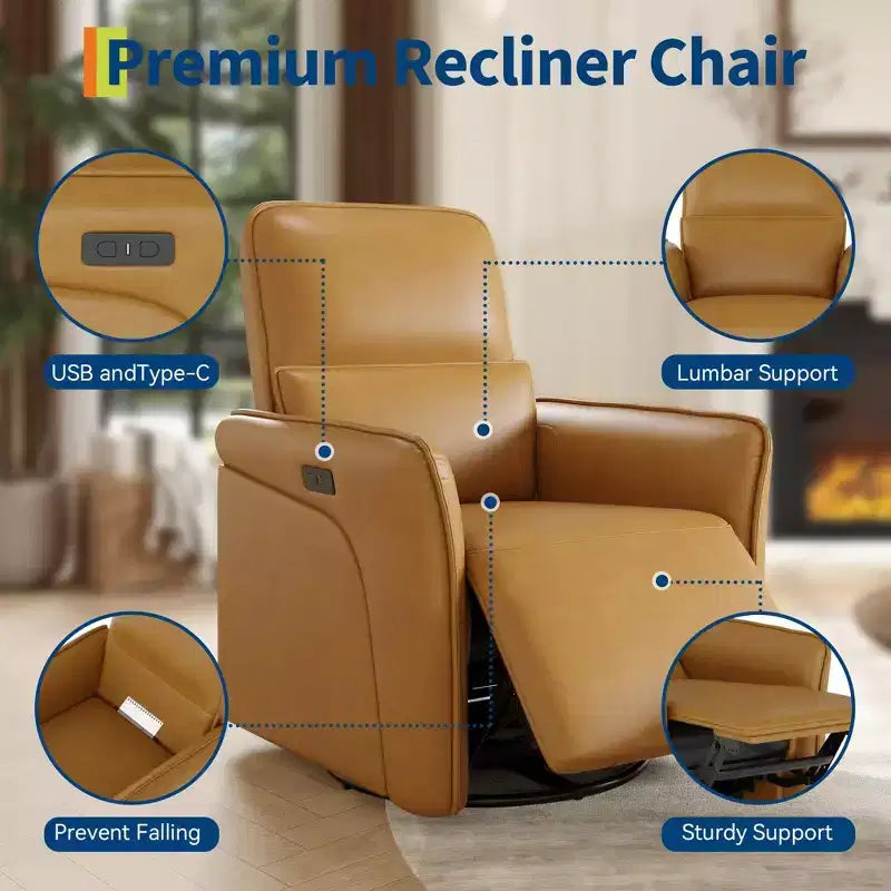360 Swivel Recliner Chair with USB Charging Station, Leather Chair, Electric Rocker Chair with Upholstered Deep Seat, Adjustable Lumbar Support