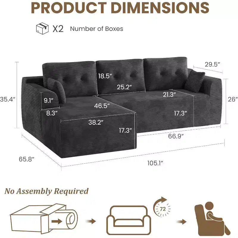 105 Modular Cloud Couch Sectional with Oversized Chaise - No Assembly Required Deep Seat Sofa for Living Room Bedroom - Grey