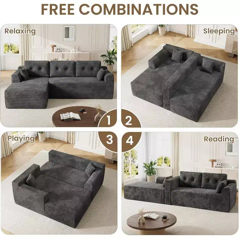 105 Modular Cloud Couch Sectional with Oversized Chaise - No Assembly Required Deep Seat Sofa for Living Room Bedroom - Grey